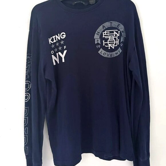Sean John Men’s Large Blue Long Sleeve Graphic Tee King NY Lettering Sleeve - Picture 2 of 5